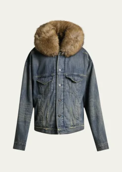 BalenciagaMen's Faux Fur-Trim Hooded Denim Trucker Jacket
