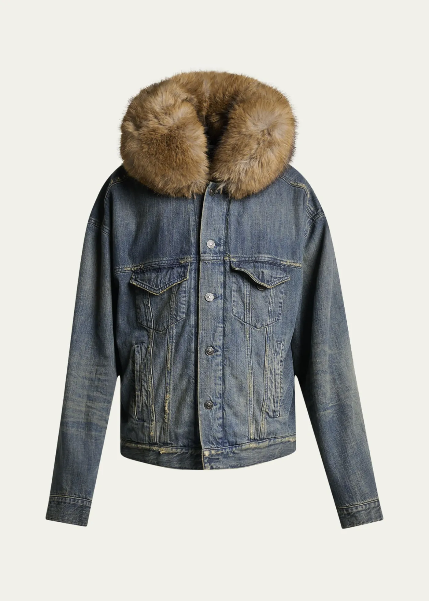BalenciagaMen's Faux Fur-Trim Hooded Denim Trucker Jacket