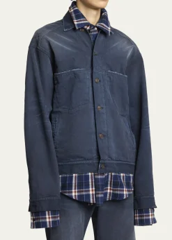 BalenciagaMen's Patched Denim Mixed-Media Shirt Jacket