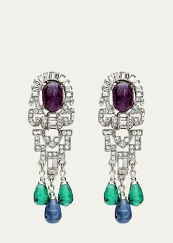 Ben-AmunSilver Crystal Oval Topa and Emerald Sapphire Drop Clip-On Earrings