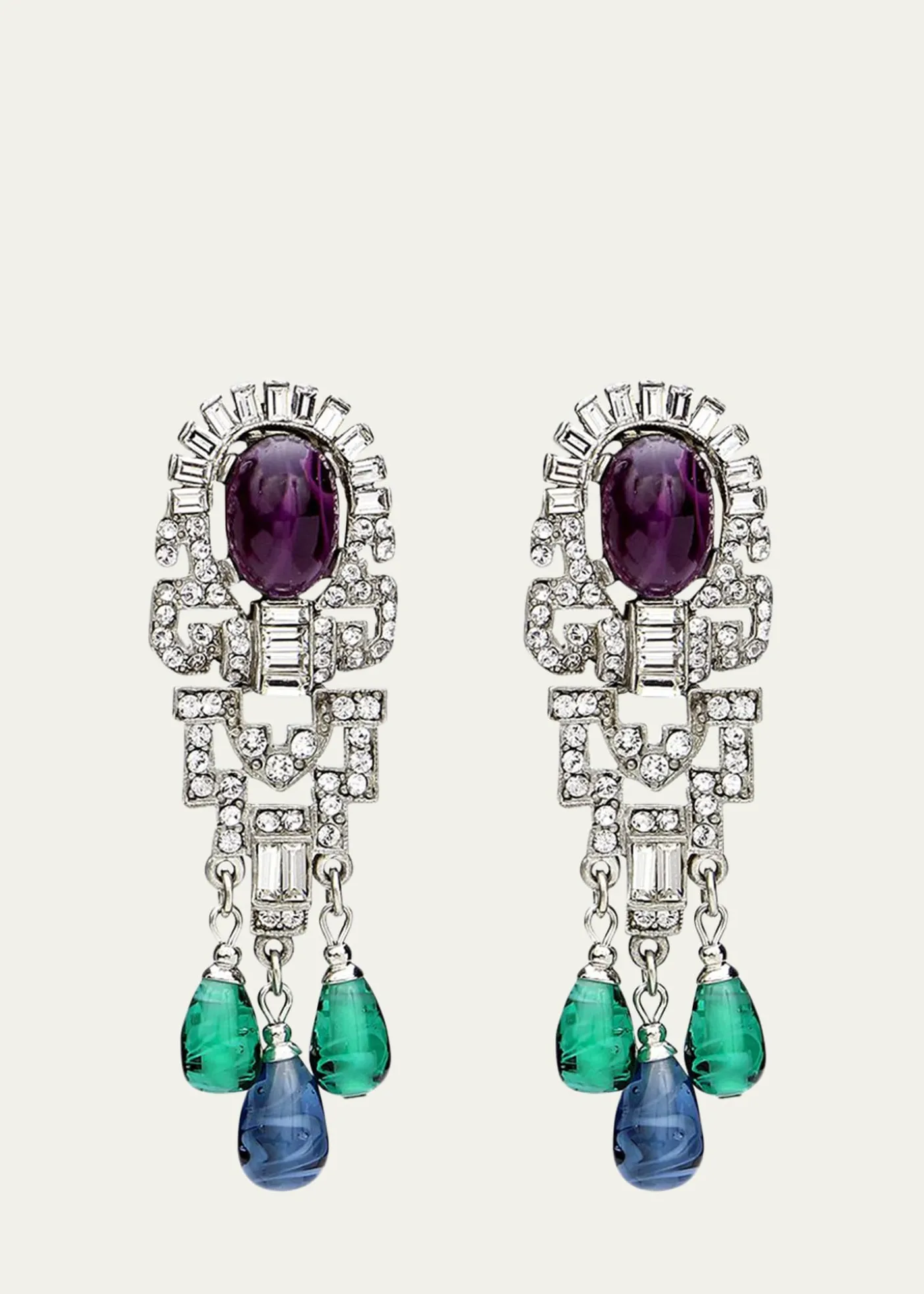 Ben-AmunSilver Crystal Oval Topa and Emerald Sapphire Drop Clip-On Earrings