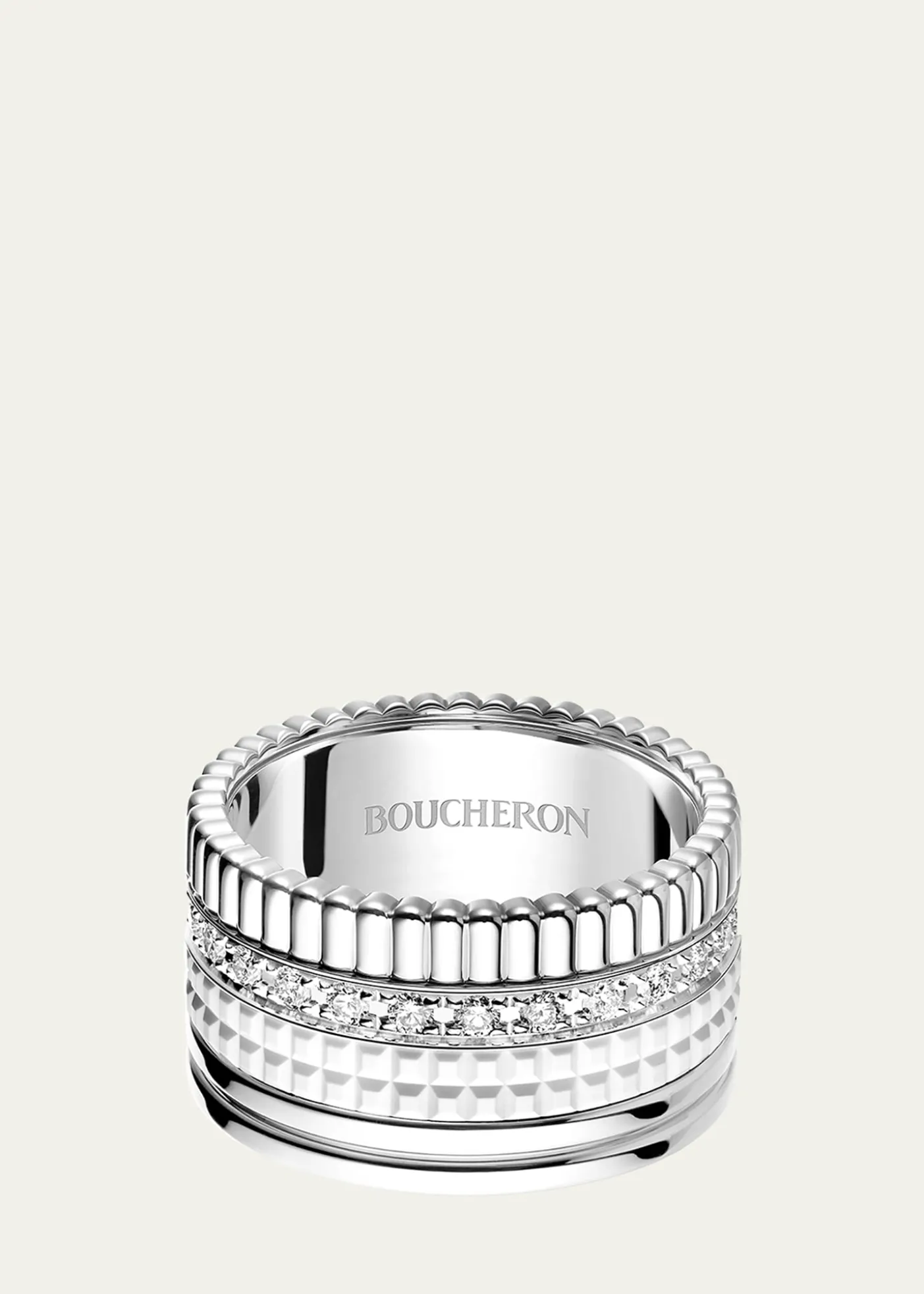 Boucheron18K White Gold Large Quatre Double Ring with White HyCeram and Diamonds
