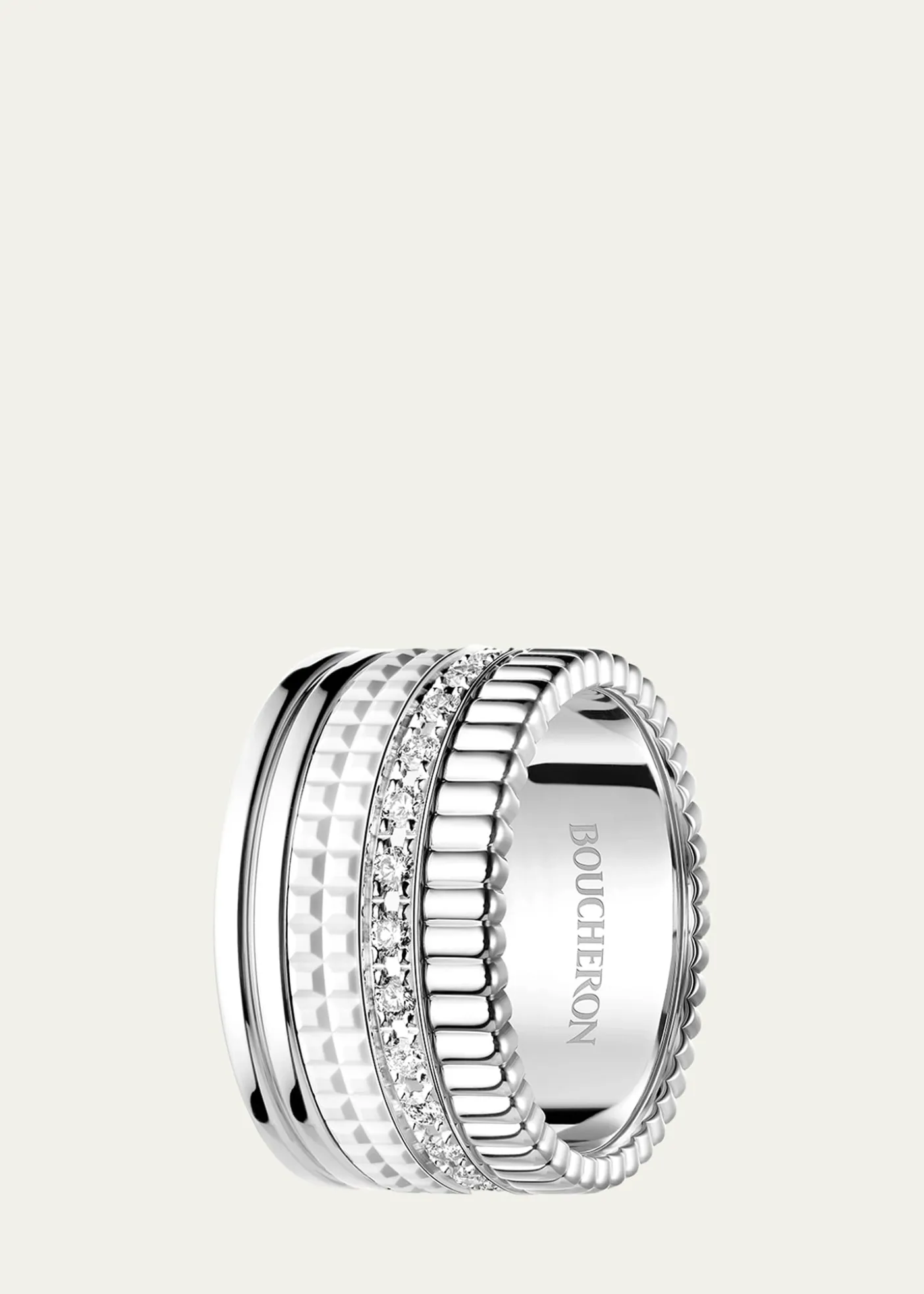 Boucheron18K White Gold Large Quatre Double Ring with White HyCeram and Diamonds