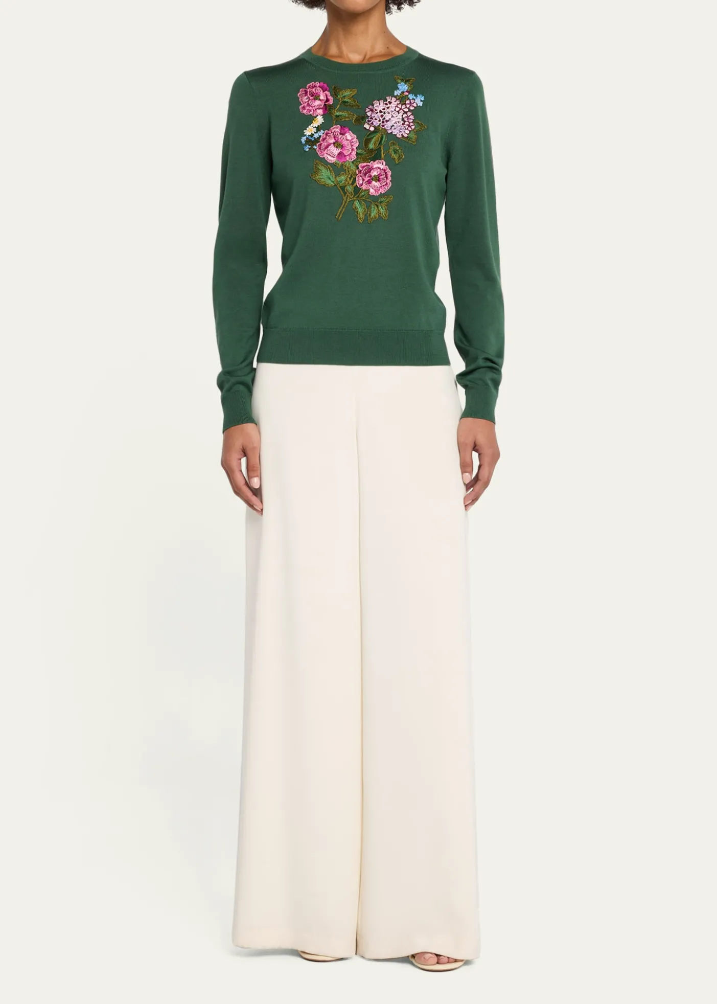 Carolina HerreraFloral Embroidered Silk-Cotton Crewneck Sweater