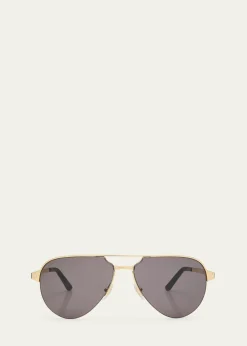 CartierMen's Half-Rim Metal Aviator Sunglasses with Logo