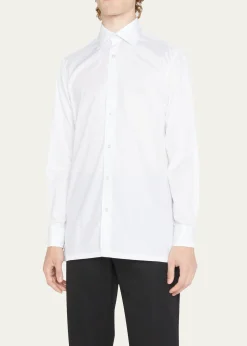 CharvetMen's Basic Solid Point-Collar Dress Shirt with French Cuffs