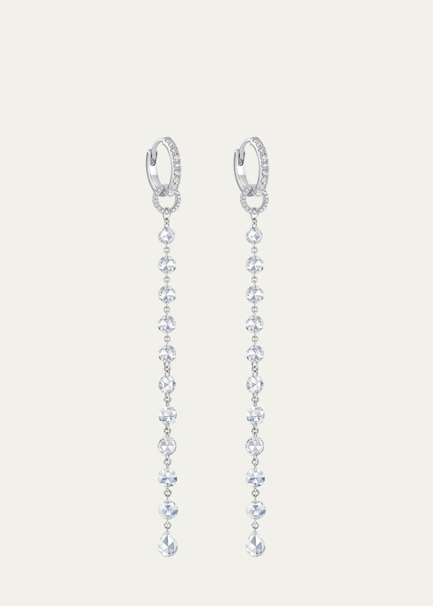 64 Facets18K White Gold Single Tassel Earrings with Diamonds, 3"L