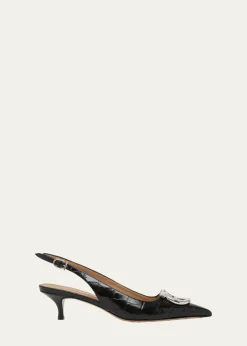 Ferragamo40mm Sara Croc-Embossed Leather Slingback Pumps