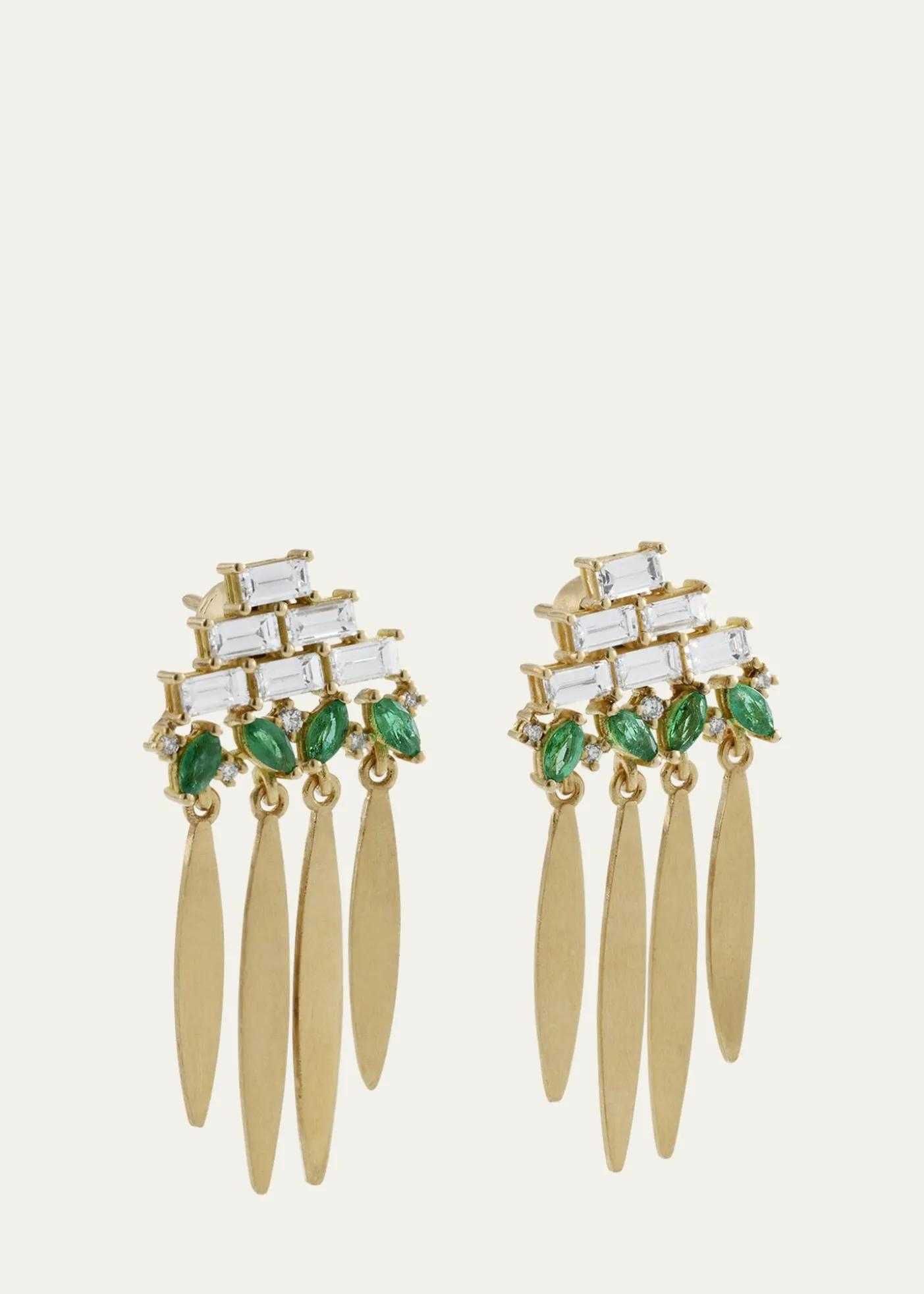ILEANA MAKRI18K Yellow Gold Grass Spike Earrings with Diamonds and Emeralds