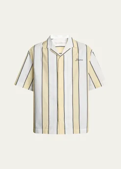 JacquemusMen's Cotton Stripe Logo Camp Shirt