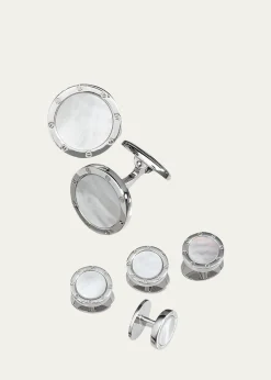 Jan LeslieRound Mother-of-Pearl Cuff Link and Stud Set