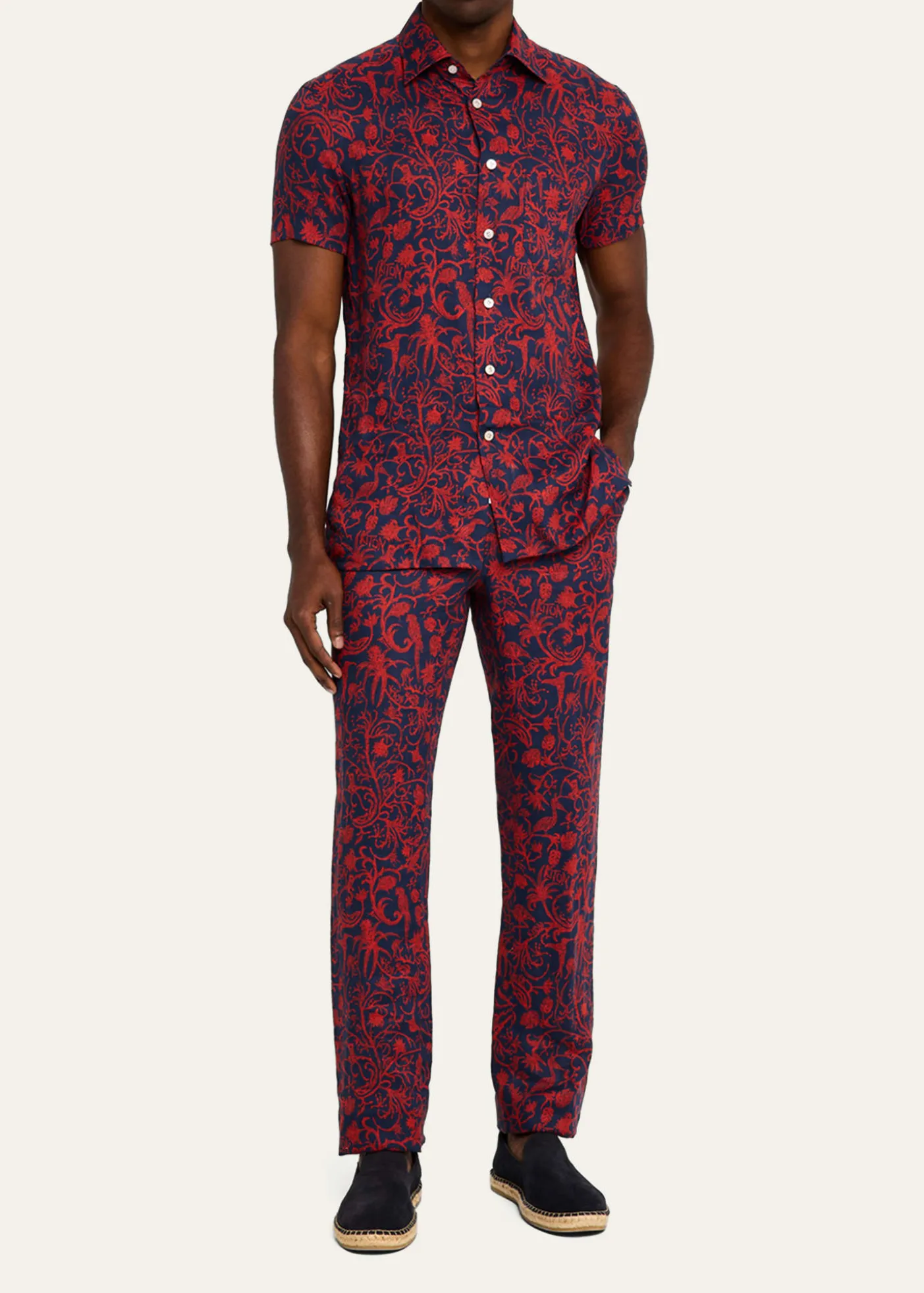 KitonMen's Linen Coral-Print Stretch Pants