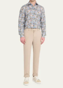 KitonMen's Palm-Print Linen Button-Down Shirt with Mother-Of-Pearl