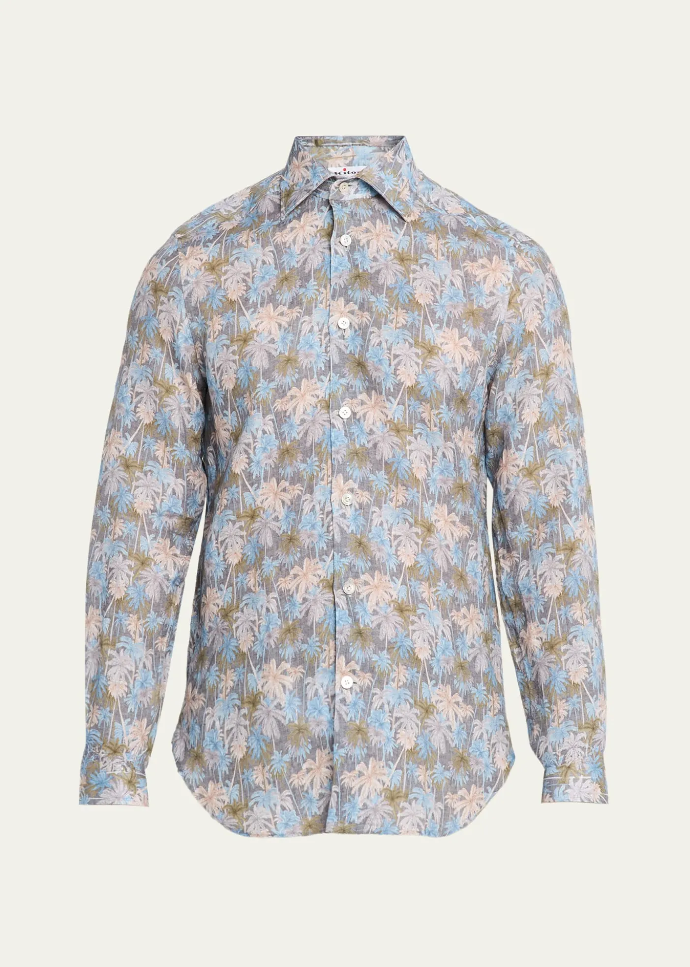 KitonMen's Palm-Print Linen Button-Down Shirt with Mother-Of-Pearl