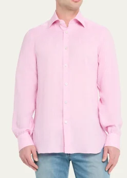 KitonMen's Solid Linen Button-Down Shirt with Mother-Of-Pearl