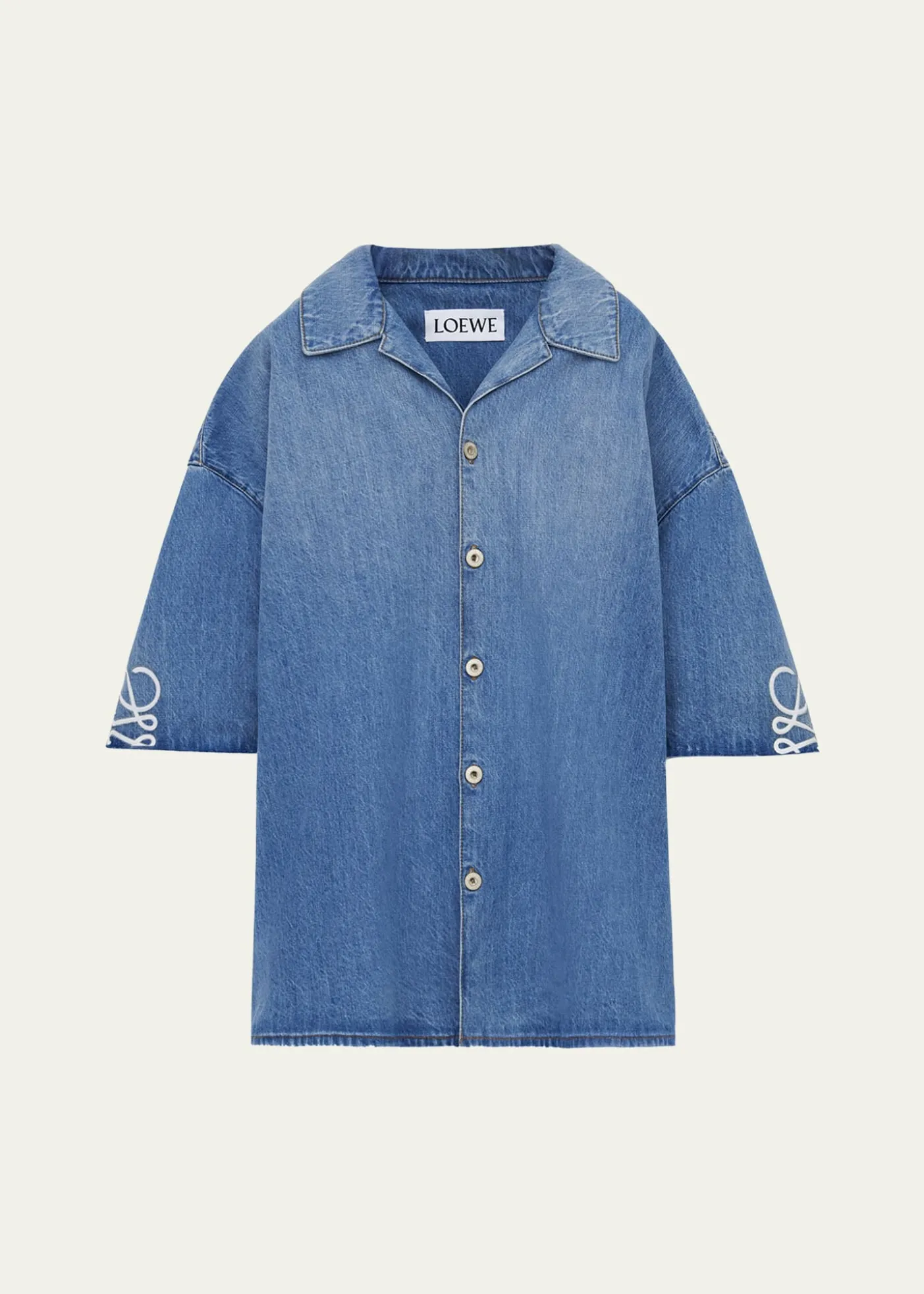 LoeweMen's Washed Denim Anagram-Sleeve Camp Shirt