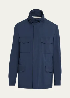 Loro PianaMen's Traveller Storm System Microfiber Field Jacket with Hood
