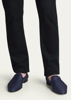 Manolo BlahnikMen's Mario Raffia Slippers, Navy