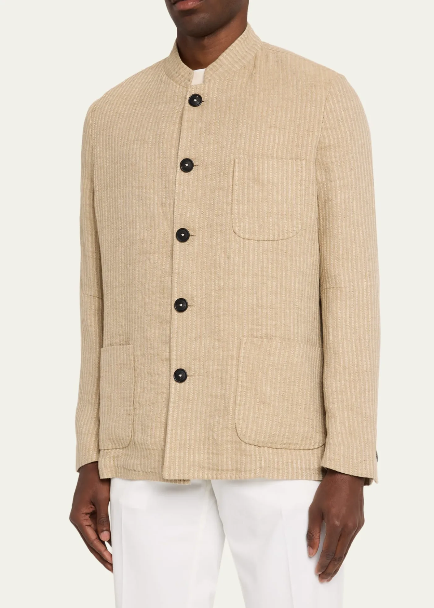 Massimo AlbaMen's Linen and Cotton Band-Collar Stripe Jacket