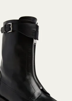 McQueenMen's Biker Leather Center-Zip Buckle Boots
