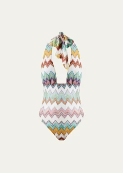 MissoniZig Zag Crochet Halter One-Piece Swimsuit