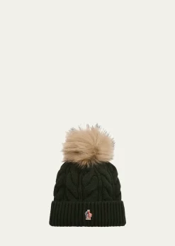 Moncler GrenobleCable-Knit Wool-Cashmere Beanie with Shearling Pom