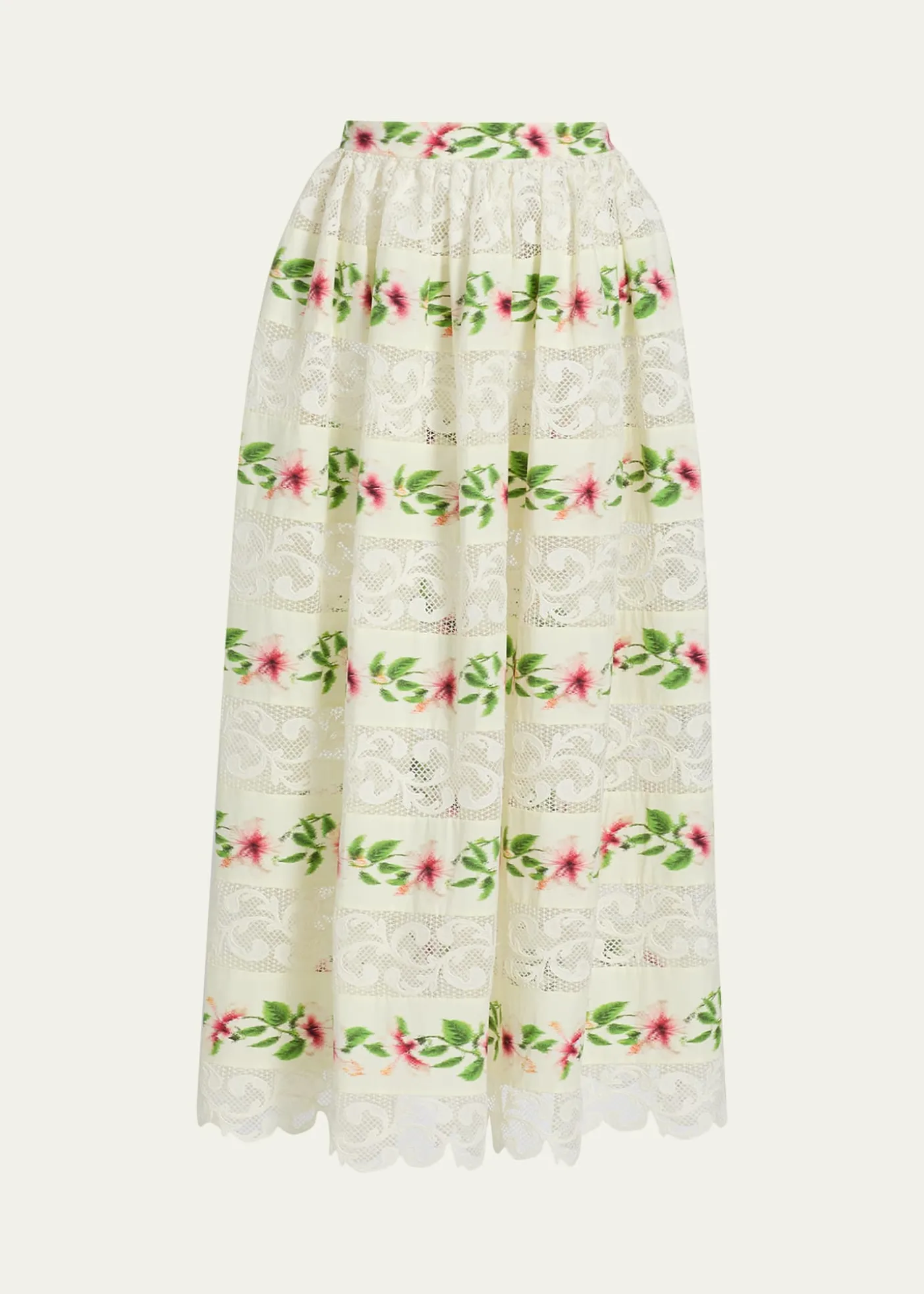Oscar de la RentaChine Hibiscus Striped Lace-Inset Midi Skirt