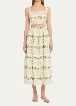 Oscar de la RentaChine Hibiscus Striped Lace-Inset Midi Skirt