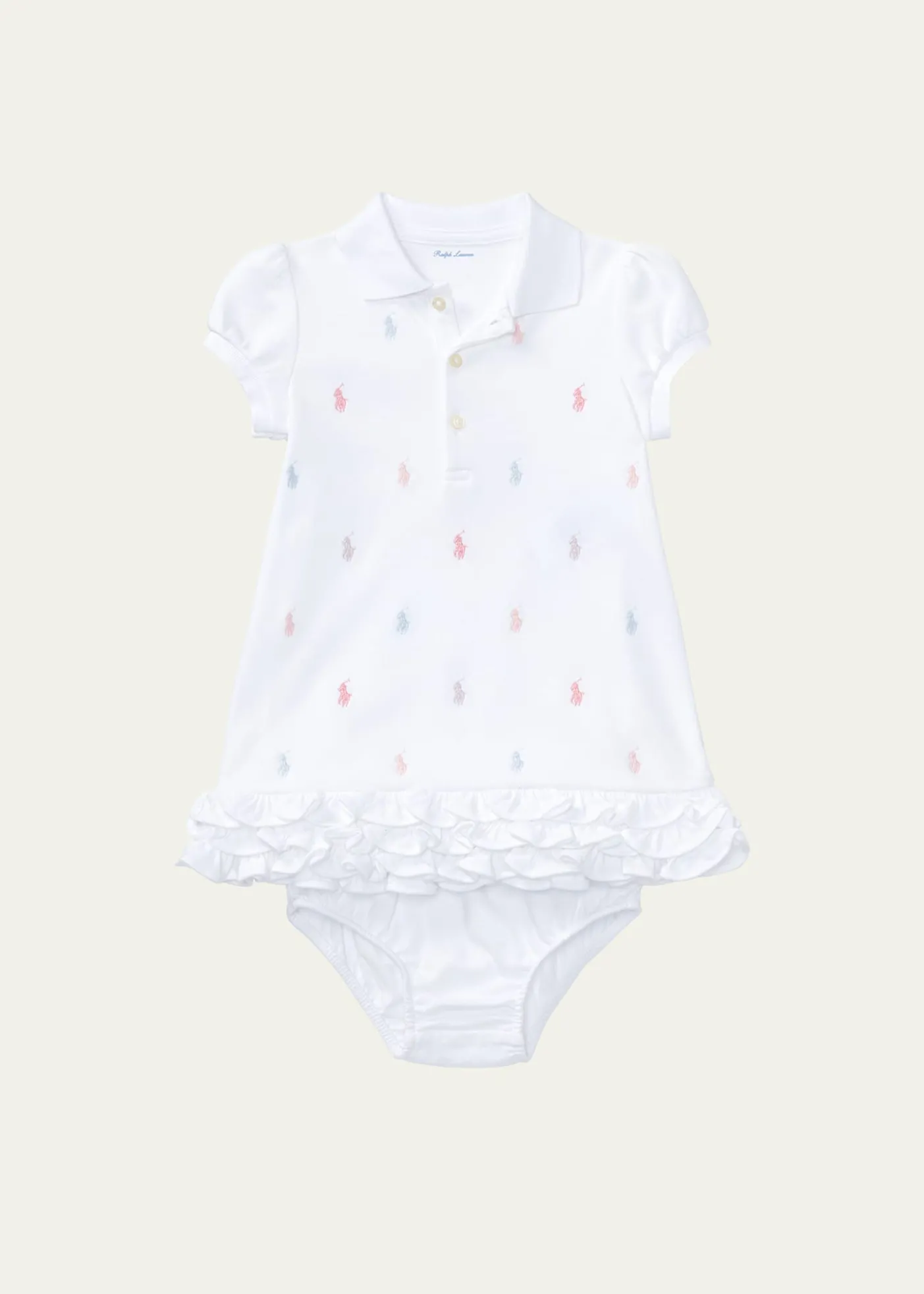 Polo Ralph LaurenLogo Embroidery Ruffle Hem Polo Dress With Bloomers, Size 6M-24M