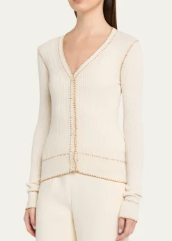 Prabal GurungBlanket Stitched Silk-Cashmere Rib V-Neck Cardigan