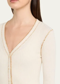 Prabal GurungBlanket Stitched Silk-Cashmere Rib V-Neck Cardigan