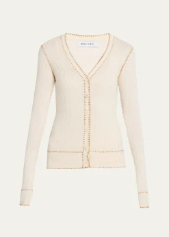 Prabal GurungBlanket Stitched Silk-Cashmere Rib V-Neck Cardigan