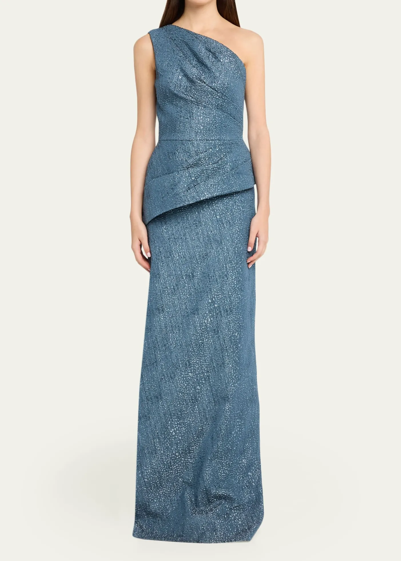 Rickie Freeman for Teri JonOne-Shoulder Metallic Jacquard Peplum Gown