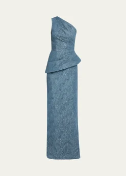 Rickie Freeman for Teri JonOne-Shoulder Metallic Jacquard Peplum Gown