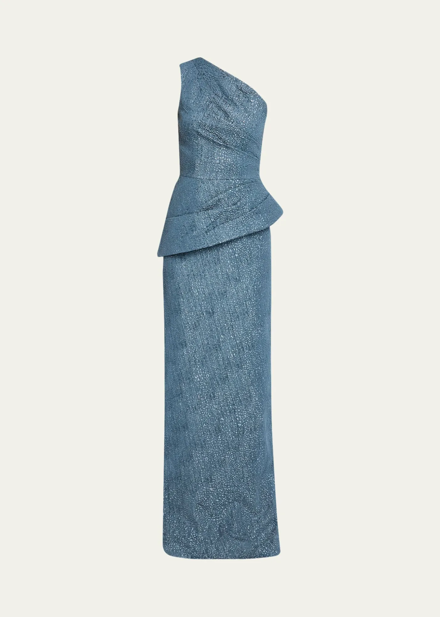 Rickie Freeman for Teri JonOne-Shoulder Metallic Jacquard Peplum Gown