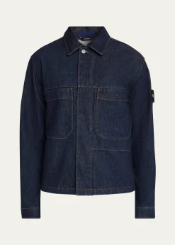 Stone IslandMen's Denim Button-Front Biker Jacket