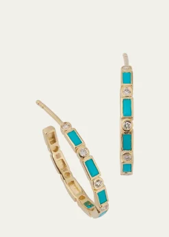 Sydney Evan14K Gold Baguette Turquoise and Round Diamond Hoop Earrings