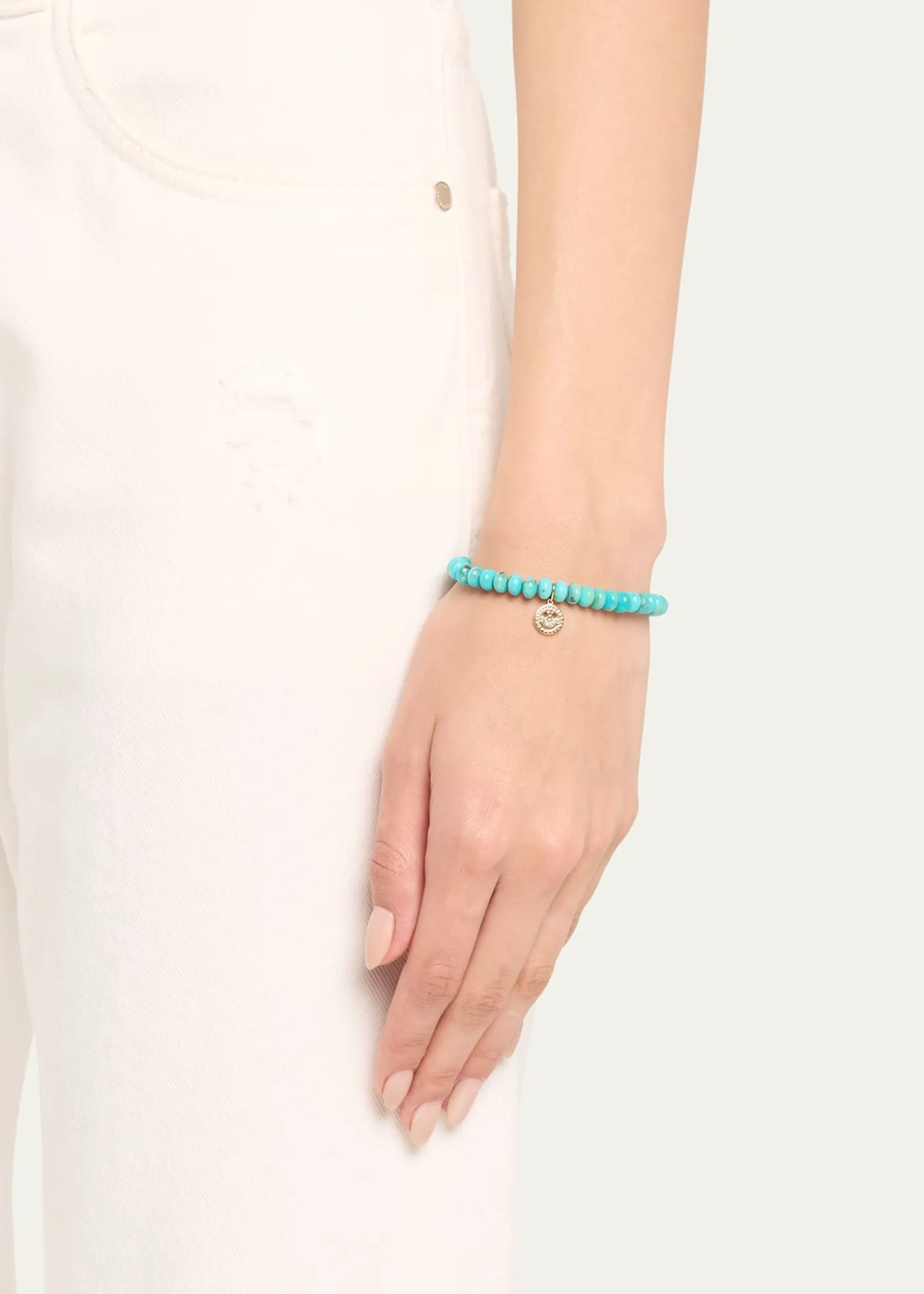 Sydney Evan14K Gold Pavé Happy Face Charm on Turquoise Bead Bracelet