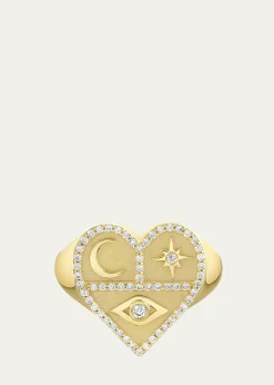 Sydney Evan14K Yellow Gold Heart Icons Signet Ring with Diamonds