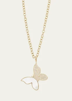 Sydney Evan14K Yellow Gold Large Butterfly Charm Necklace with Pearl Inlay and Diamonds