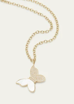 Sydney Evan14K Yellow Gold Large Butterfly Charm Necklace with Pearl Inlay and Diamonds