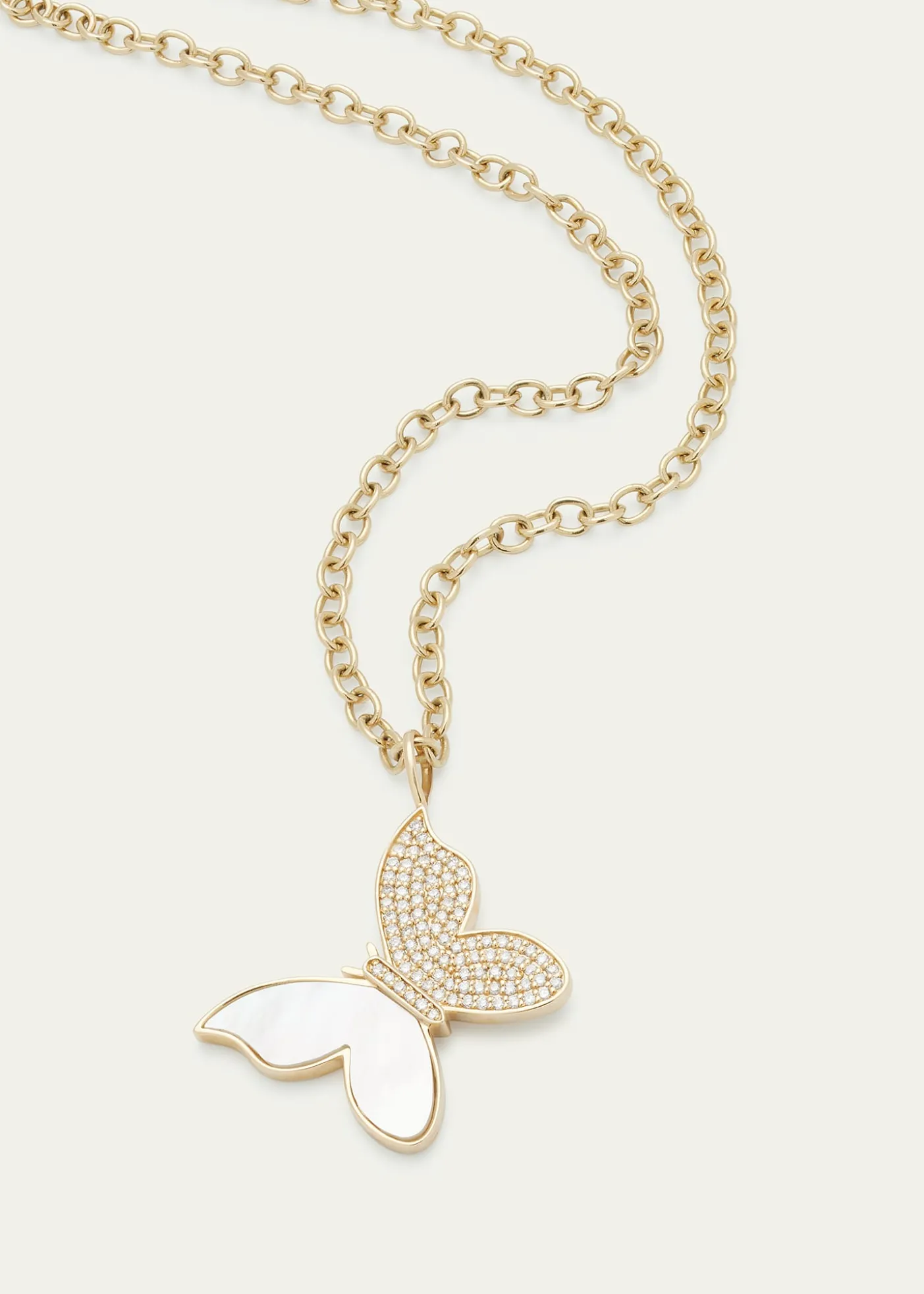 Sydney Evan14K Yellow Gold Large Butterfly Charm Necklace with Pearl Inlay and Diamonds