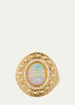 Sydney Evan14K Yellow Gold Marquise Eye Opal Cabochon Signet Ring with Diamonds
