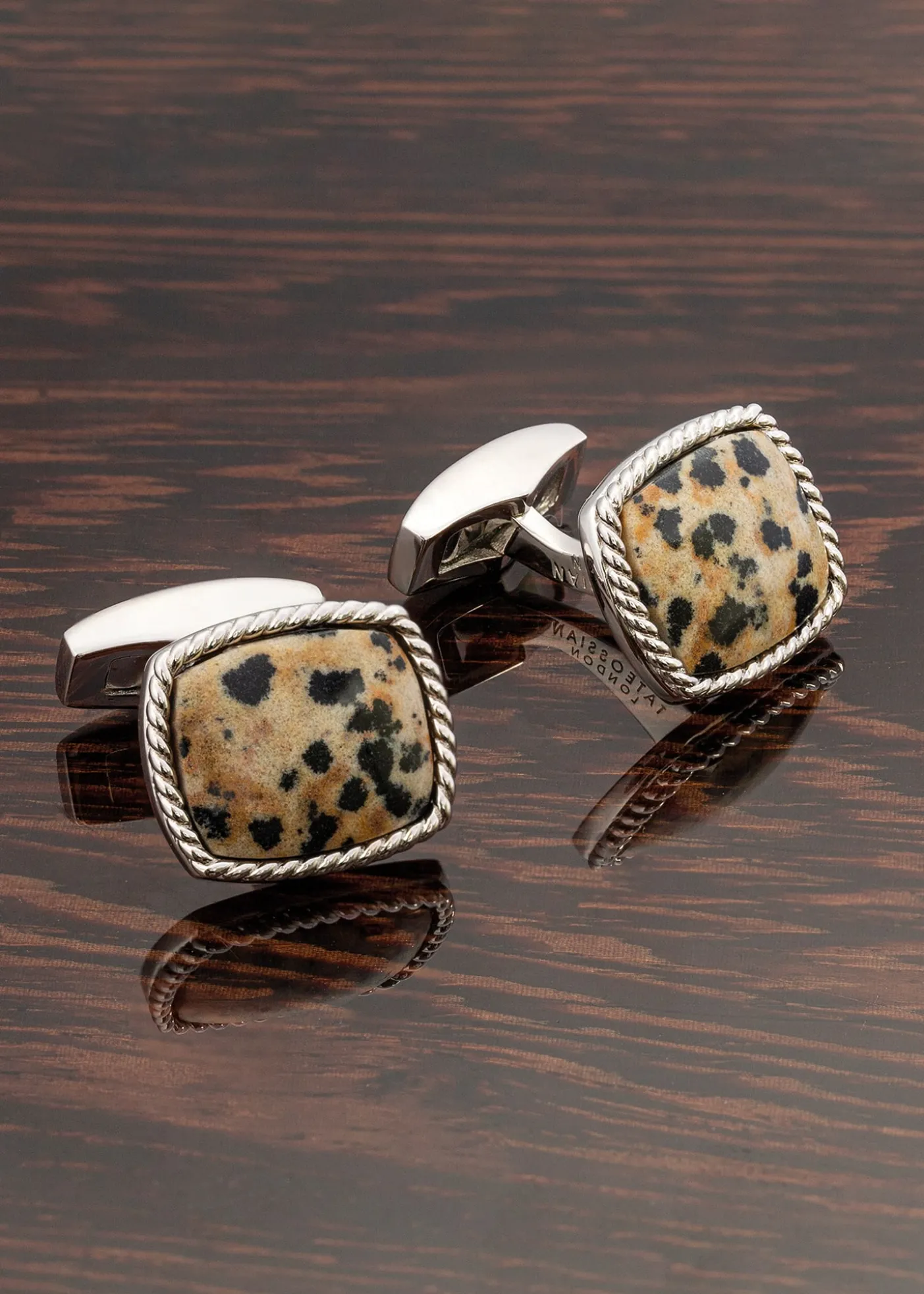 TateossianMen's Rhodium-Plated Stainless Steel Dalmatian Jasper Cufflinks, Limited Edition