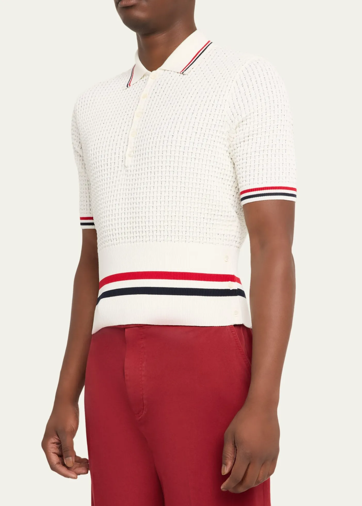 Thom BrowneMen's Float Ripple Stitch RWB Stripe Polo Shirt