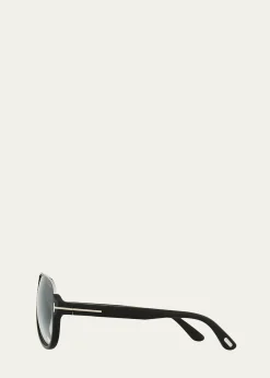 TOM FORDDimitry Half-Rim Aviator Sunglasses, Matte Black/Shiny Dark Ruthenium/Gradient Blue