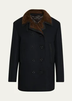 TOM FORDMen's Melton Wool Shearling Double-Breasted Peacoat