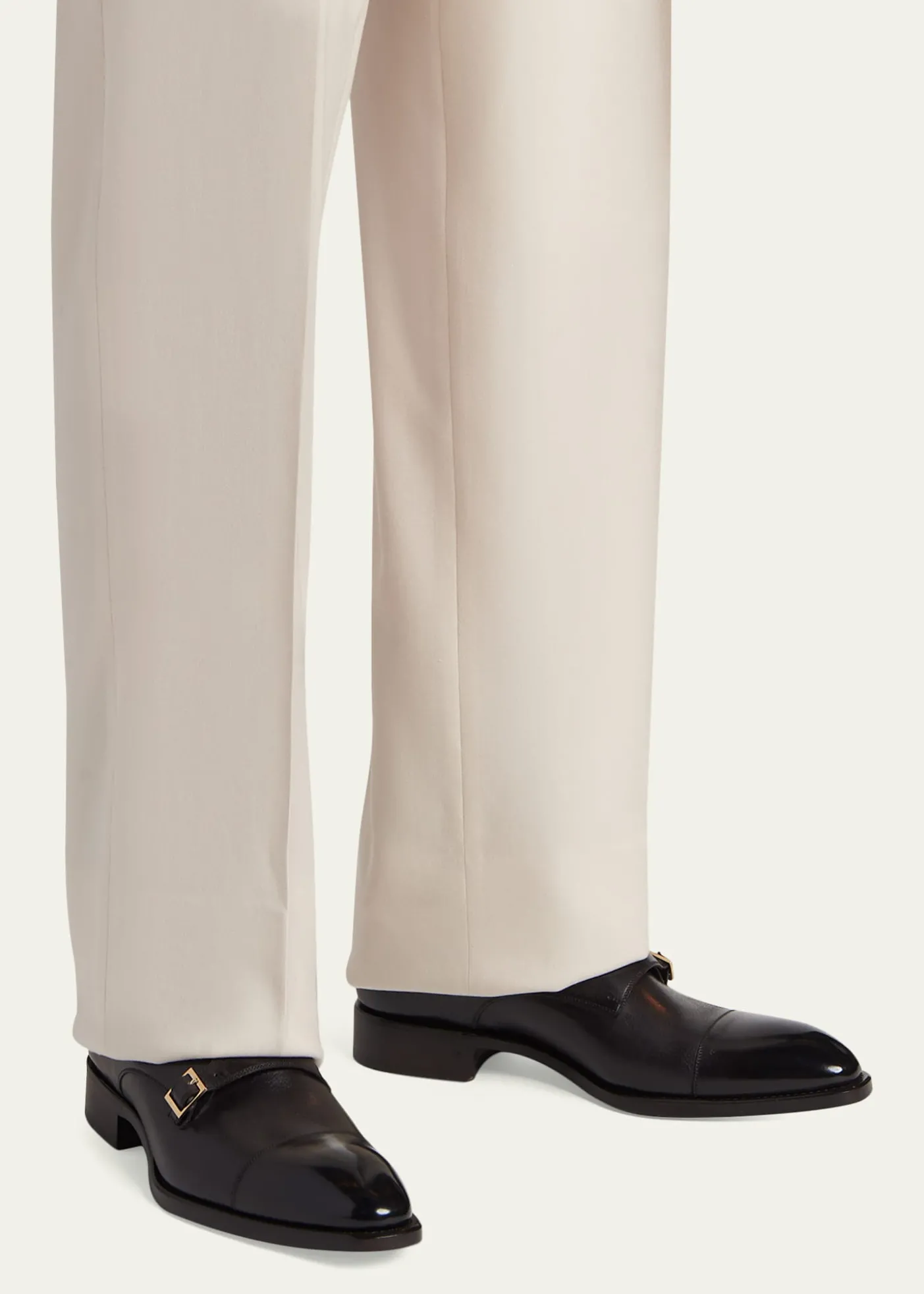 TOM FORDMen's Vincent Burnished Leather Double Monk Strap Loafers