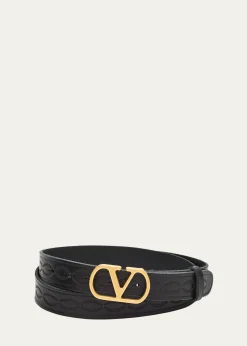 Valentino GaravaniMen's Leather V Logo Buckle Belt