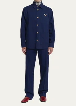 Valentino GaravaniMen's Cotton Gabardine Shirt Jacket with VGold